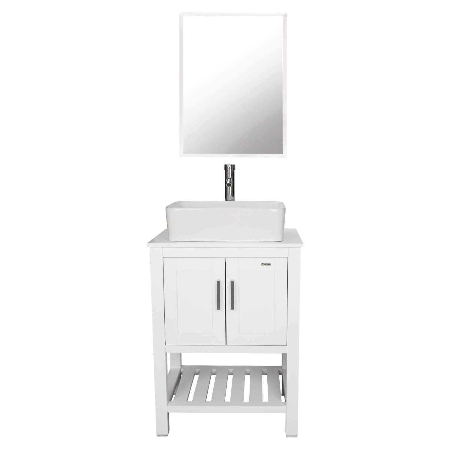 eclife 24" Farmhouse Bathroom Vanity Sink Combo with Bottom Storage Shelf, Modern MDF White Cabinet with White Rectangle Ceramic Vessel Sink with Mirror, Solid Faucet and Pop Up Drain (T03 B06W)