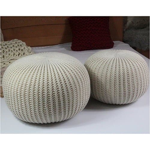 Ahloyalty Hand Knitted Woolen Round Cushion Pouf Floor Ottoman (Beige)