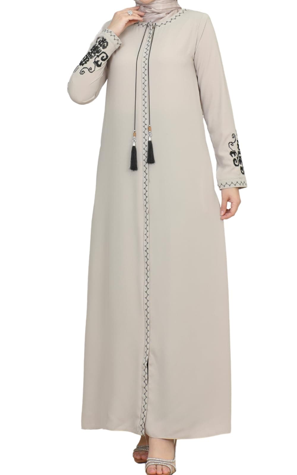 istanbul styles Women's Embroidered Sleeves Abaya and Embroidered On The Side of The Zipper Long Sleeve Floor Length Turkish Islamic Fashion