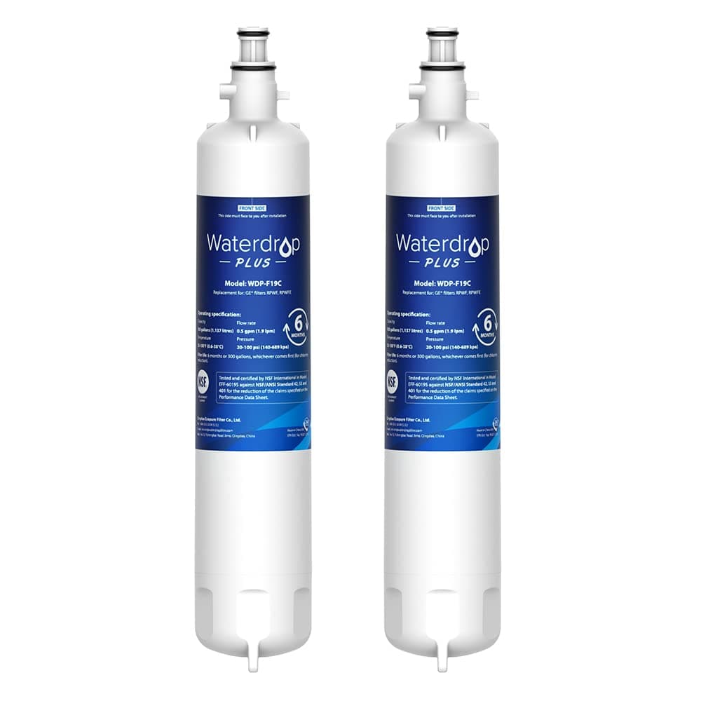 Waterdrop Plus WDP-F19C Replacement for GE® RPWFE®, RPWF (with CHIP) NSF 401 Refrigerator Water Filter, Compatible with WSG-4, GFE28GBLTS, GFE28GSKSS, PFE28KMKES, 2 Filters（Package May Vary）