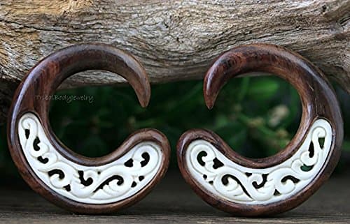 Wood and Bone Carving Inlay, Organic Gauge Earrings 2ga 2G 6mm, Big Stretcher Piercing Body Jewelry
