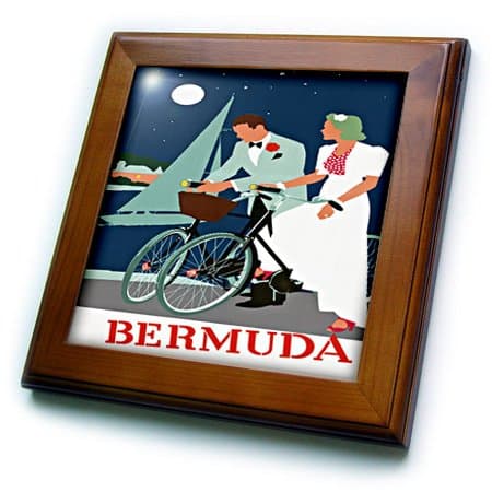 3dRose ft_163574_1 Image of Couple on Bikes in Bermuda Art Deco Style Framed Tile, 8 by 8"