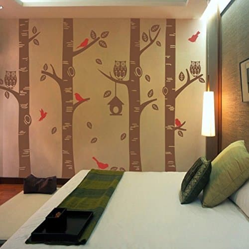 Birch Tree Wall Decal Forest Wall Quote Birds Quotes Tree Deacls Wall Art Sticker House Decor 2(Tree,Leaves,owl and House:Brown; Birds:Tomato Red)