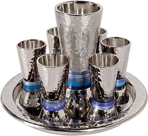 Yair Emanuel Hammered Nickel Cone Shaped Kiddush Set - Blue Rings