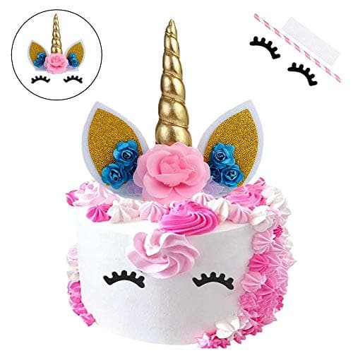 Zoint Unicorn Cake Topper with Eyelashes Unicorn Cake Decoration for Birthday Party, Wedding and Baby Shower (Blue Flower)