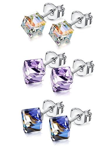 KesaPlan Aurora Borealis Square Stud Earrings Set for Women Made with Swarovski Crystals Stud Earrings Set 3Pairs
