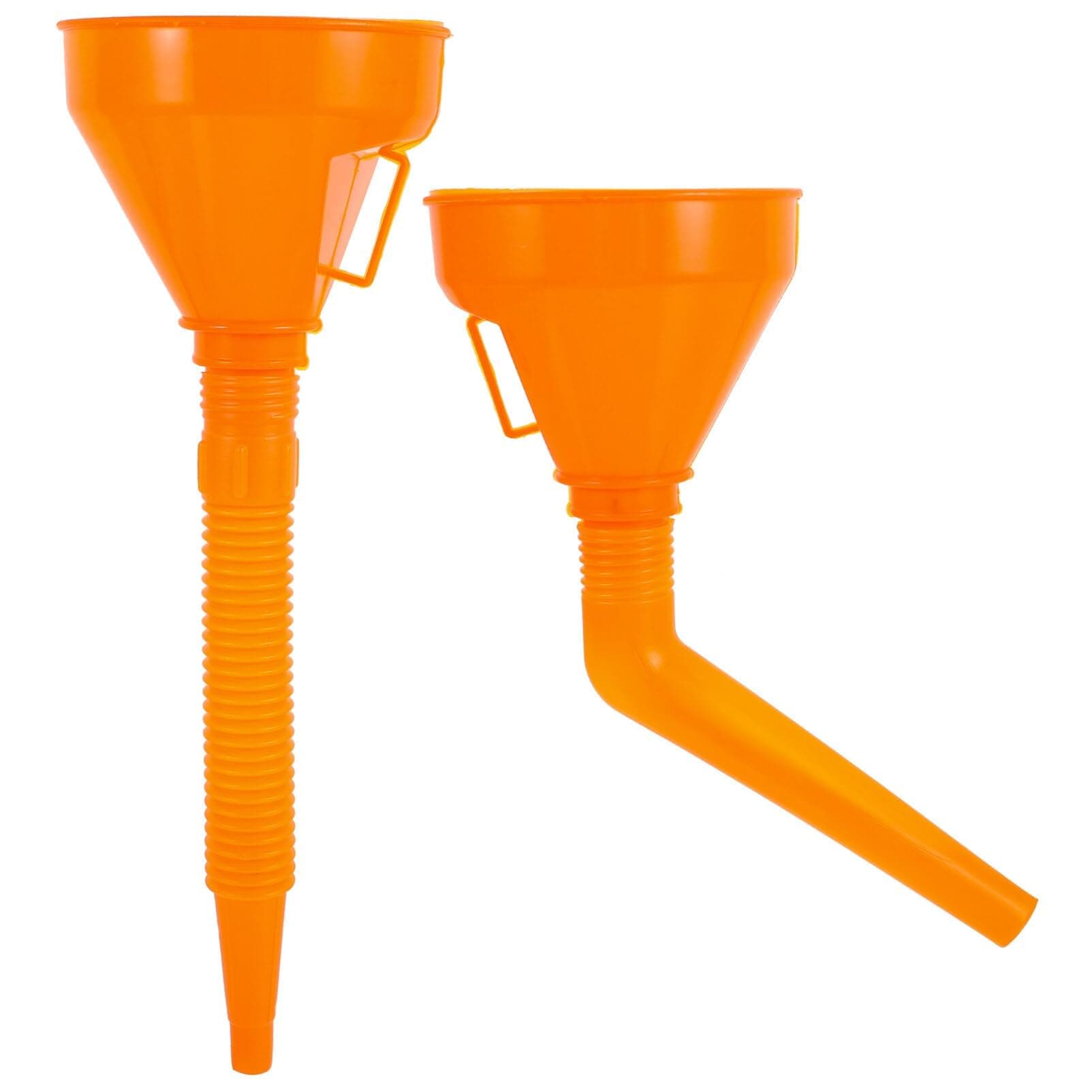 Automotive Funnels, 2Pcs Orange Wide Mouth Oil Funnel, Right Angle Funnel, No- Spill Plastic Long Neck Oil Funnel Extension, for Cars Motorcycles Engine Oil Kerosene Gasoline Gas Fuel