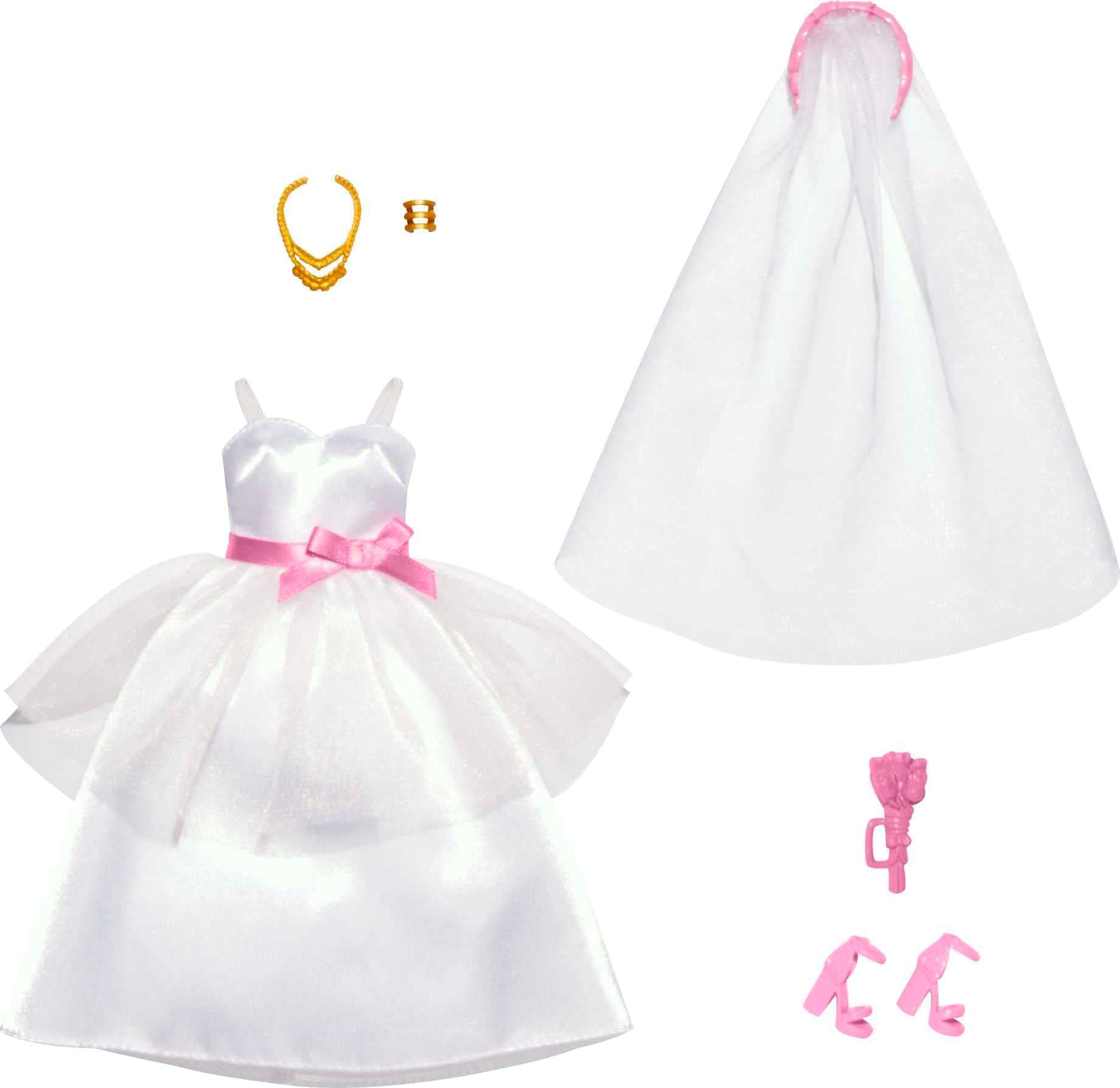 Clothes Set, Fashion & Accessories Pack for Barbie Dolls, Bridal Theme with Wedding Dress, Veil, Bouquet, Shoes & Jewelry