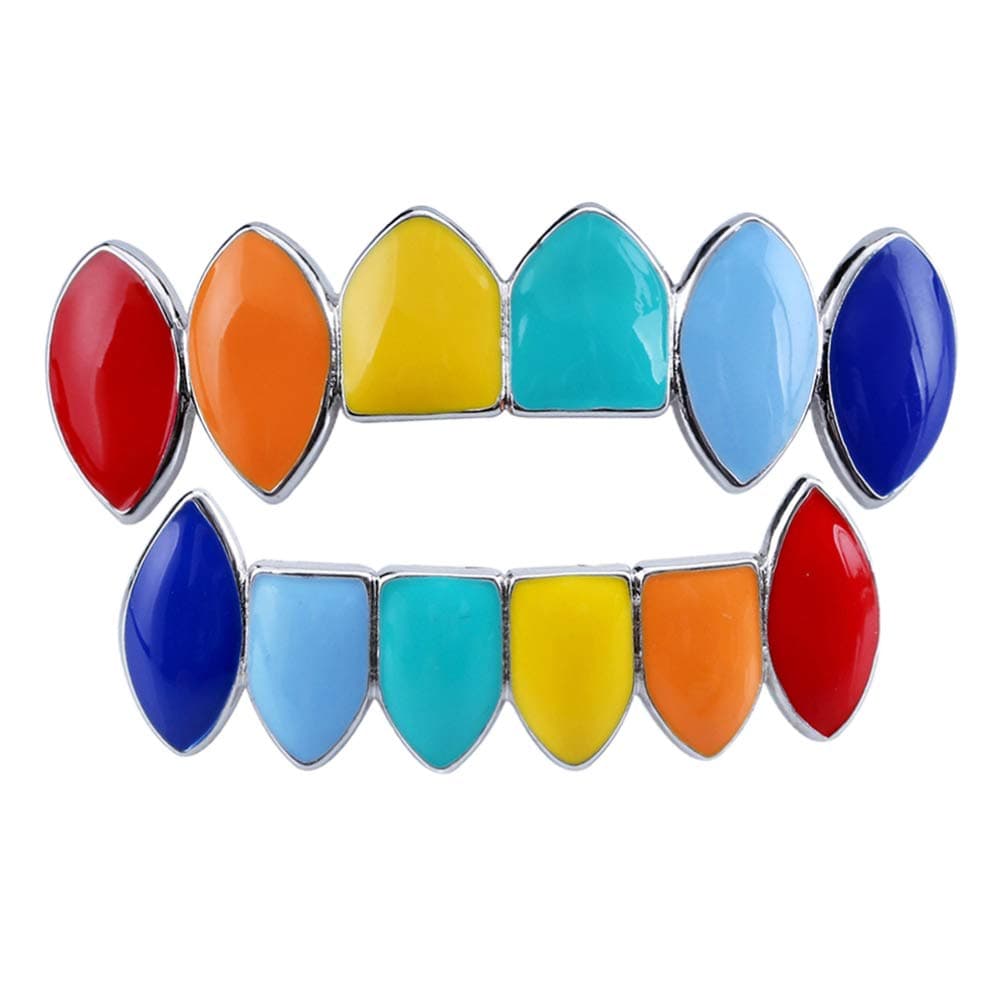ArtibetterArtibetter Rainbow Hip Hop Teeth Mouth Tooth Cap Jewelry Mouth Fangs Top Bottom Tooth Party Decoration for Men Kids (Silver)