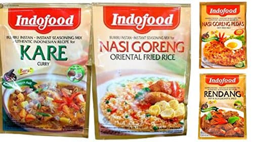 Indofood Seasoning Mix Variety Bundle, 1.5 oz packet (Pack of 4) includes 1-Packet Kare + 1-Packet Nasi Goreng Pedas + 1-Packet Nasi Goreng + 1-Packet Rendang