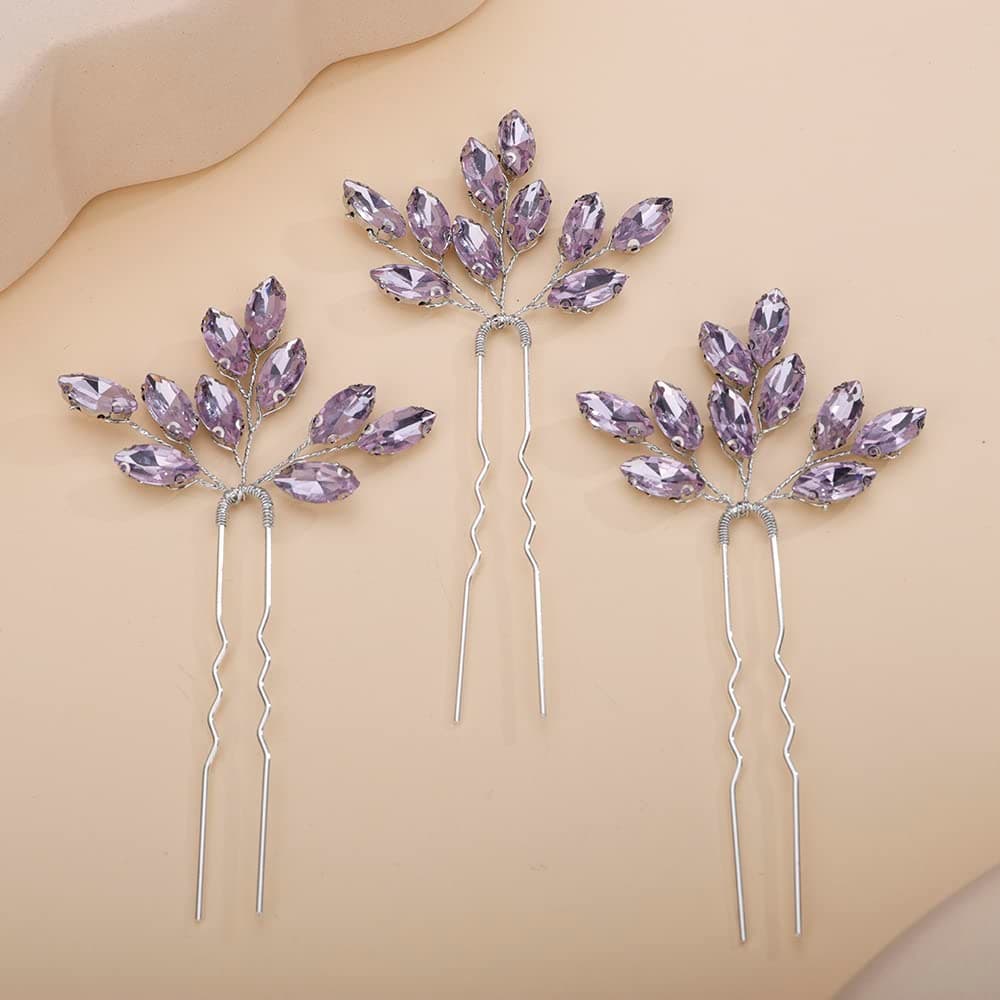 Teyglen 3pcs Bridal Crystal Hair Pins Rhinestones Hair Pieces Simple Purple Crystal Wedding Hair Pins Handmade Hair Accessories for Women Bride(Purple)