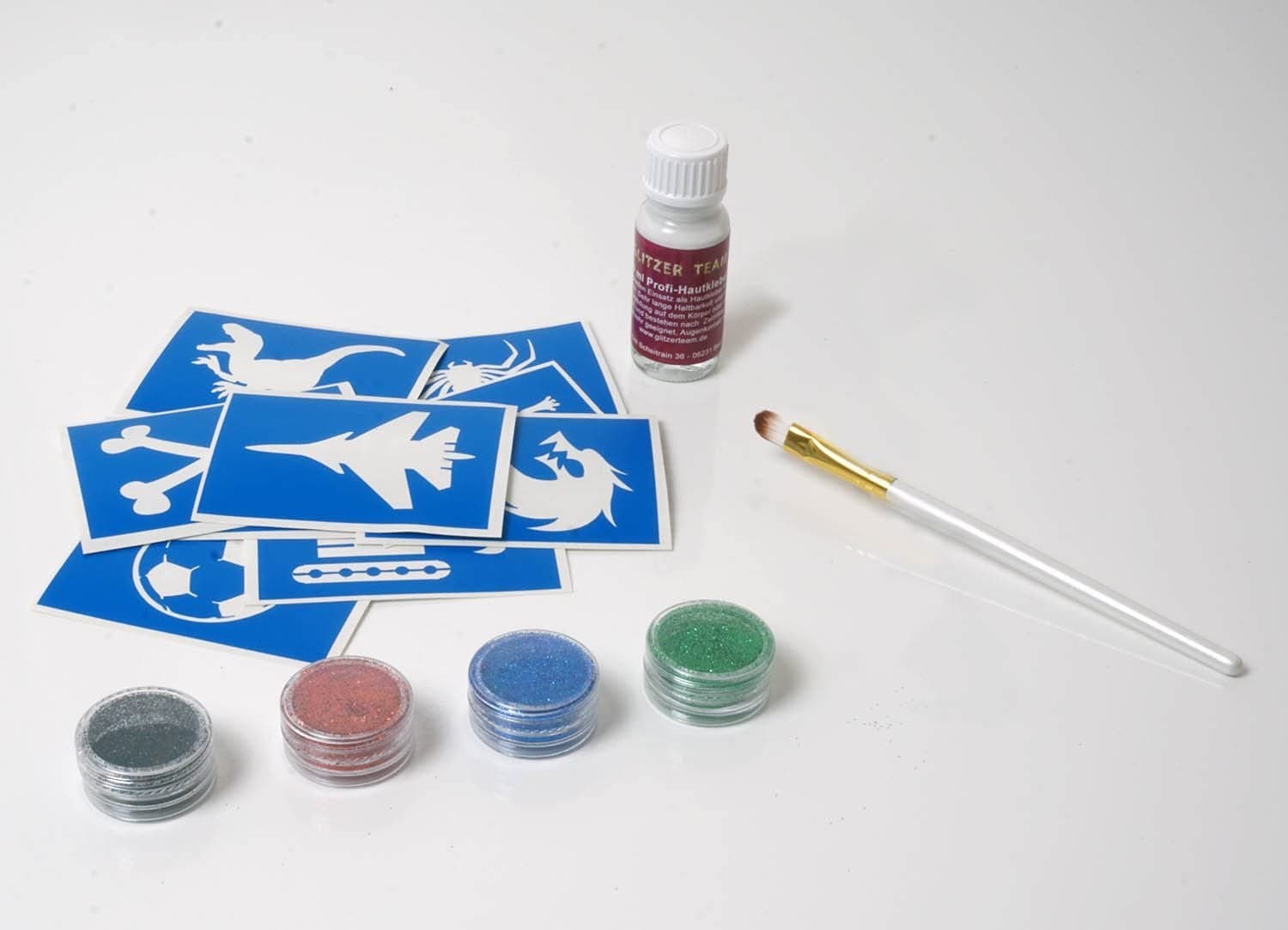 Glitter tattoo set 9x Professional Adhesive, 2 Brushes, 4 Glitter Kid Sticker Stencil