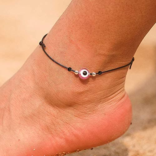 Fangsen Handmade Wax Rope Evil Eyes Ankle Bracelet Beach Summer Dainty Beaded Anklet Foot Chain Adjustable Gift for Women and Girls