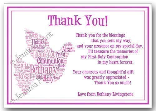 10 Personalised girls First Holy Communion dove word art, word cloud thank you cards with envelopes J210