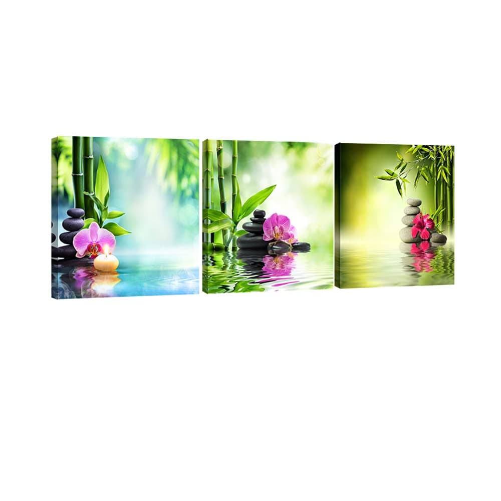 Pyradecor3 Piece Spa Zen Stone Giclee Canvas Prints Wall Art Paintings Pictures for Living Room Bedroom Home Office Decor Modern Stretched and Framed Green Bamboo Pink Flowers Romance Artwork