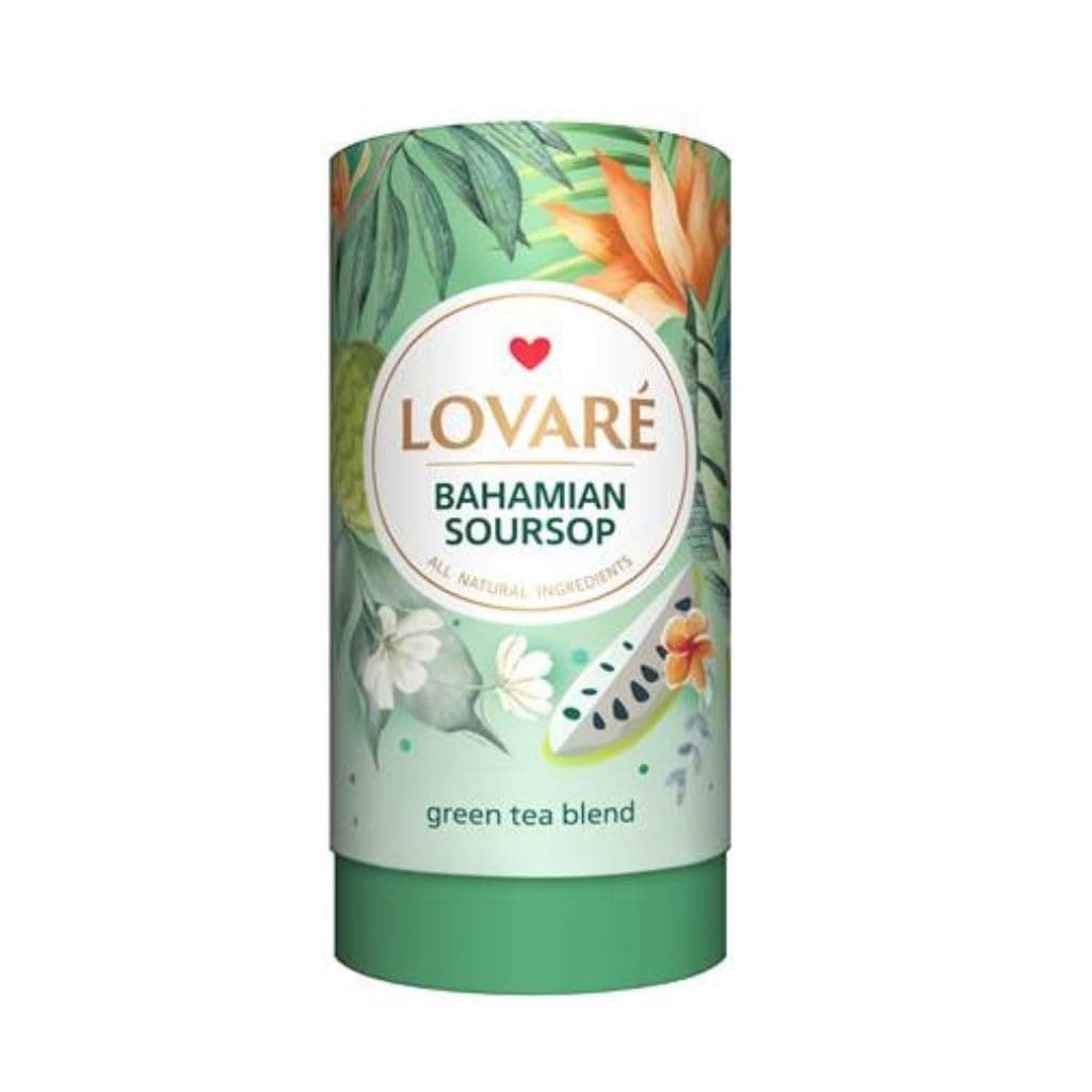 LOVARE Bahamian Soursop Loose Leaf Tea – 80 g Premium green tea blend with Pieces & Marigold Petals – Ukrainian Brand – Authentic Gift Tube with 15 Paper Filters – Easy to Brew tea Blend (Bahamian Soursop)