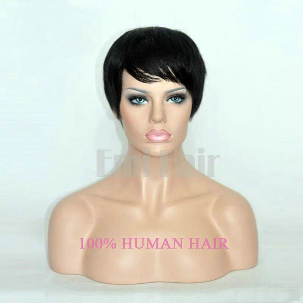 EHair H08 Human Hair Short Wig for Americans Africans Pixie Cut Short Black Wig (Nature Color Tiny Brown None Lace Wig)