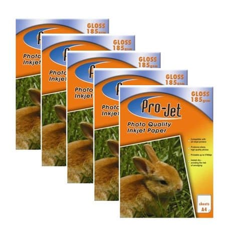 Instant Drying Pro-Jet Photo Quality Inkjet Paper - 100 Sheets - Gloss - A4 Size 185gsm - Prints up to 5760 dpi - Pro-Jet Branded Photo Paper - Compatible with all Inkjet Printers