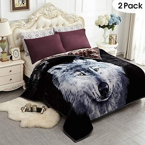 JYK Heavy Korean Mink Fleece Blanket 2 Pack – 2 Ply Reversible 520GSM Silky Soft Plush Warm Blanket for Autumn Winter (5 LB, Queen, Dark Wolf/Wolf)