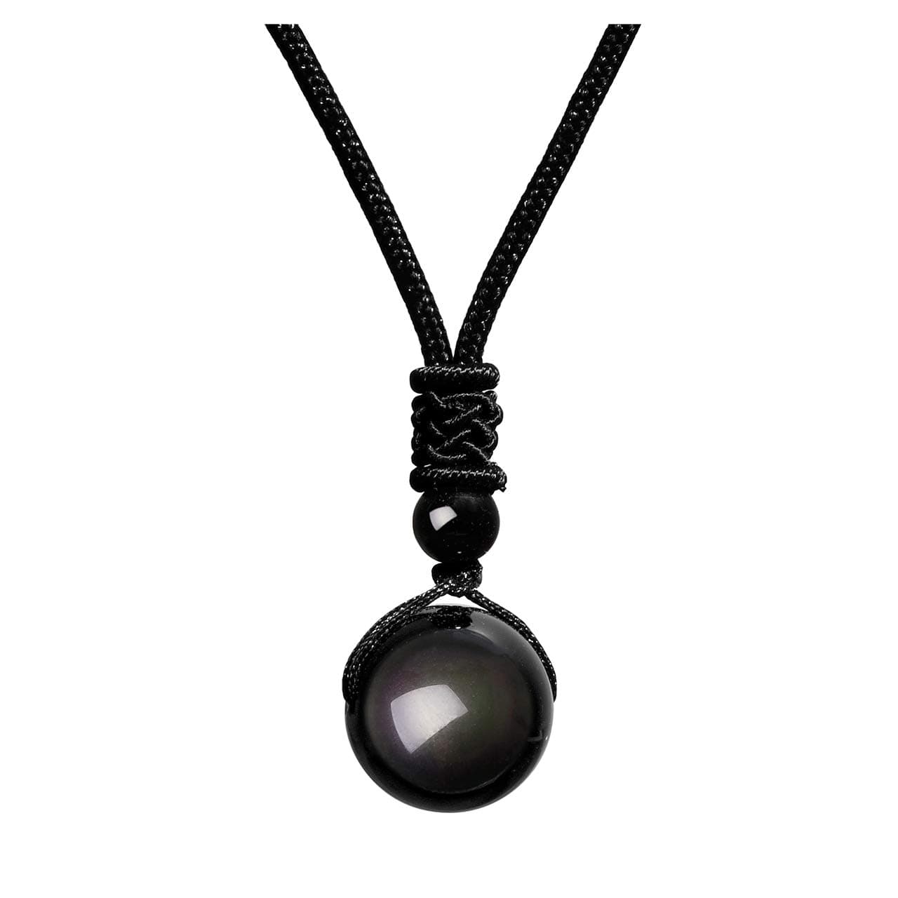 Mens 16mm Natural Black Obsidian Rainbow Eyes Stone Lucky Blessing Beads Pendant Necklace with Adjustable Braided Rope Cord For Men Jewellery Gifts