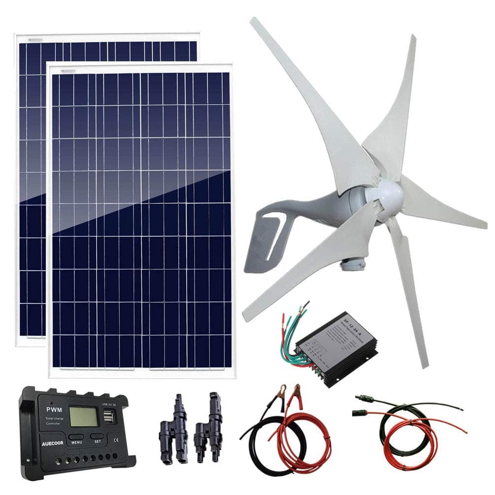 600 Watts Wind Solar Powered System(Hybrid System Kit): 1pc 12V/24V 400W Wind Generator + 2pcs 100W Polycrystalline Solar Panel + solar controller+wind controller+Accessories