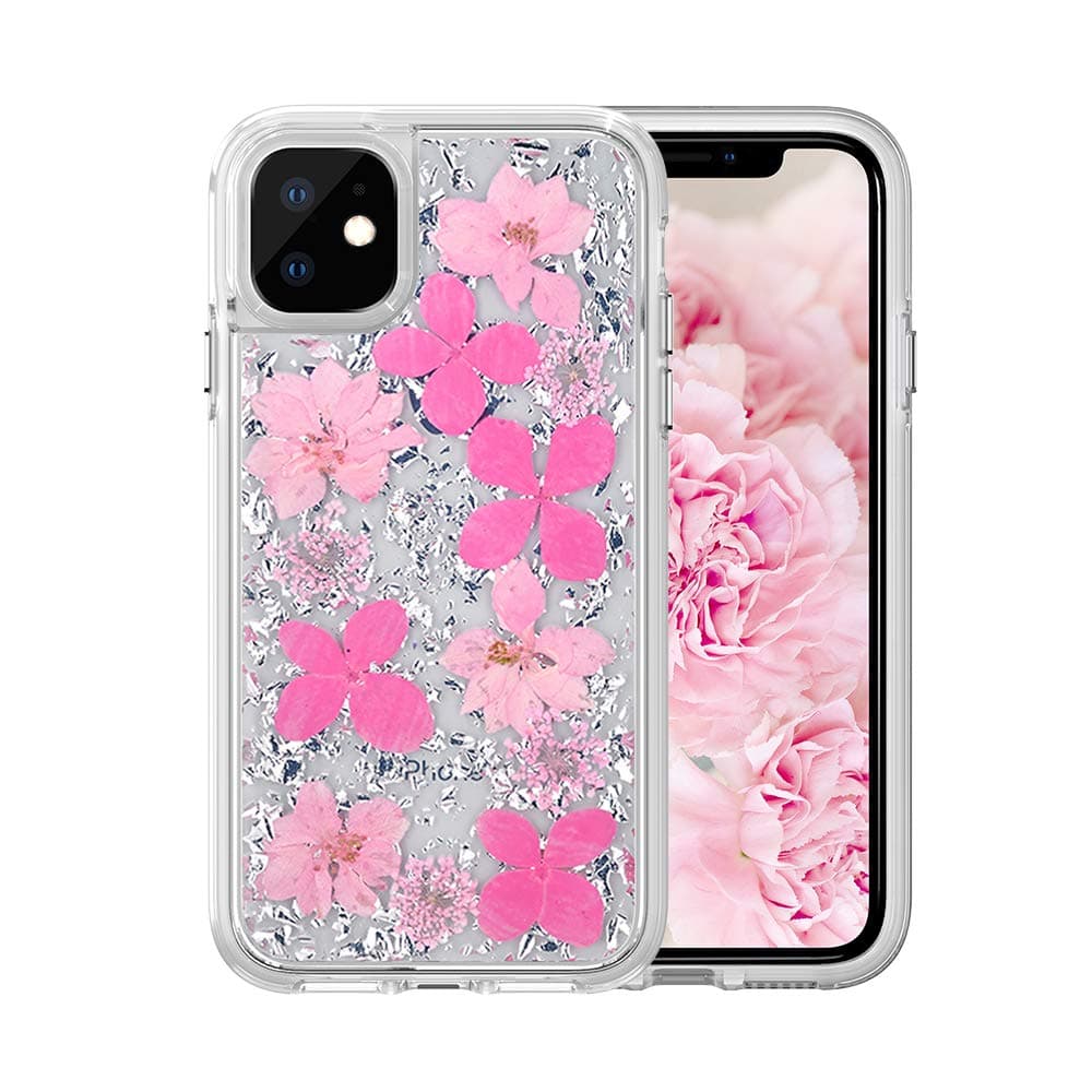 iPhone 11 Pro Max Case,HuiFlying Women Luxury Gold Foil Glitter Case[Made with Real Natural Flowers] with Clear TPU Bumper+Hard PC Plastic Back Cover for Apple iPhone 11 Pro Max (Silver Pink Flower)