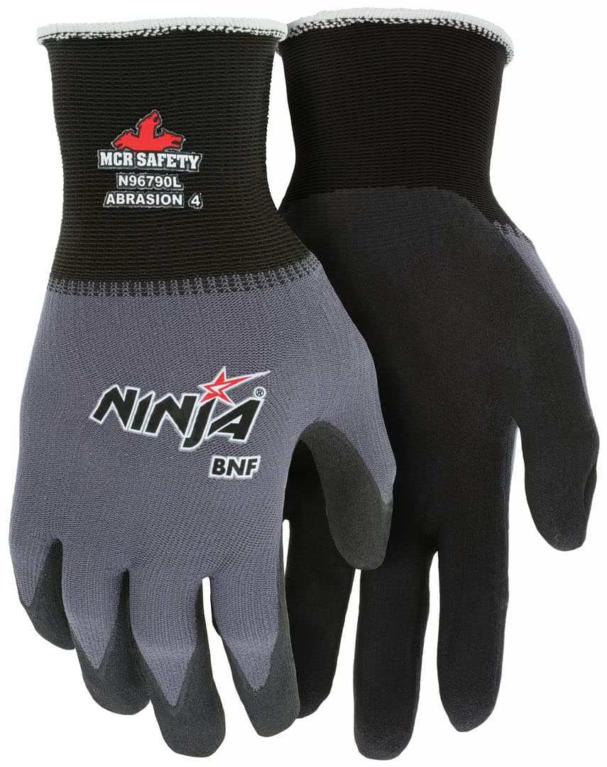 MCR Safety Gloves N96790S Ninja BNF 15 Gauge Nylon/Spandex Shell with NFT Coated Palm & Fingertips, Small, Black/Gray