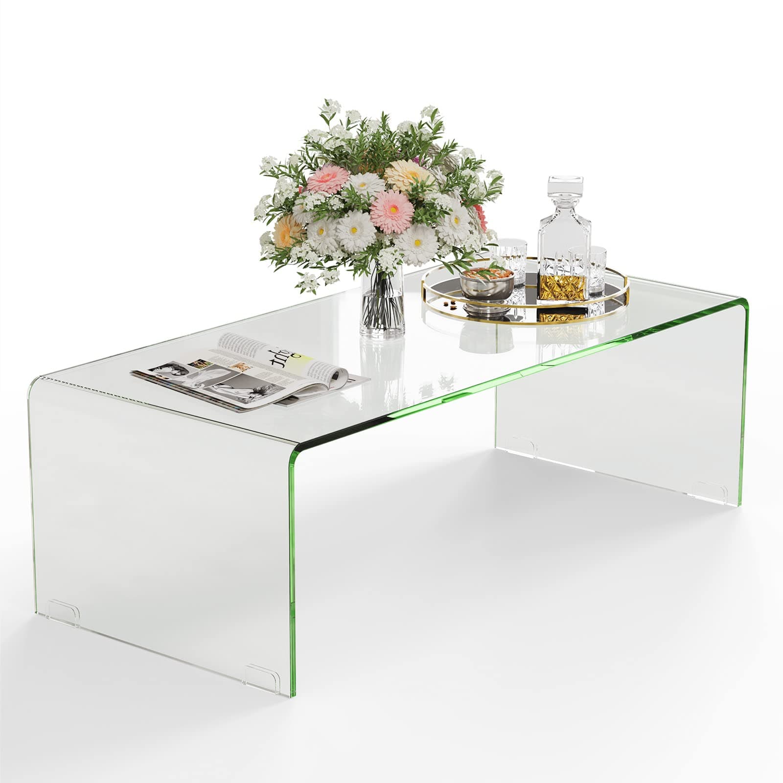 Tangkula Glass Coffee Table, 42.5" L × 20" W ×14" H, Modern Home Furniture, Clear Tempered Glass End Table, International Occasion Tea Table, Waterfall Table with Rounded Edges (Clear)