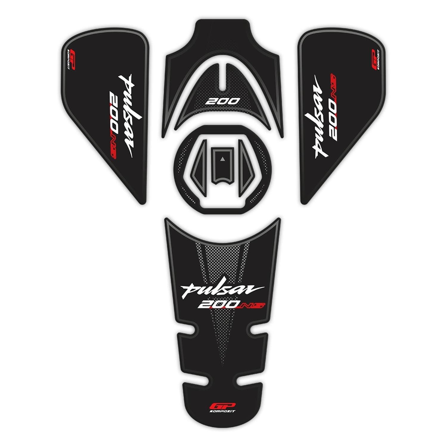 GP Kompozit Tank Pad Set Black-Red Compatible for Bajaj Pulsar NS200 2011-2023