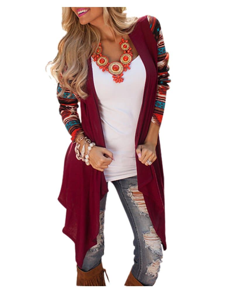 CutyKids Womens Long Sleeve Loose Drape Front Cape Boho Cardigans Blouse Red 2XL