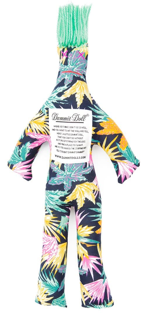 Dammit Doll - Classic Dammit Doll - Neon Xenon - Neon Palms on Black, Seafoam Green Hair - Stress Relief, Gag Gift