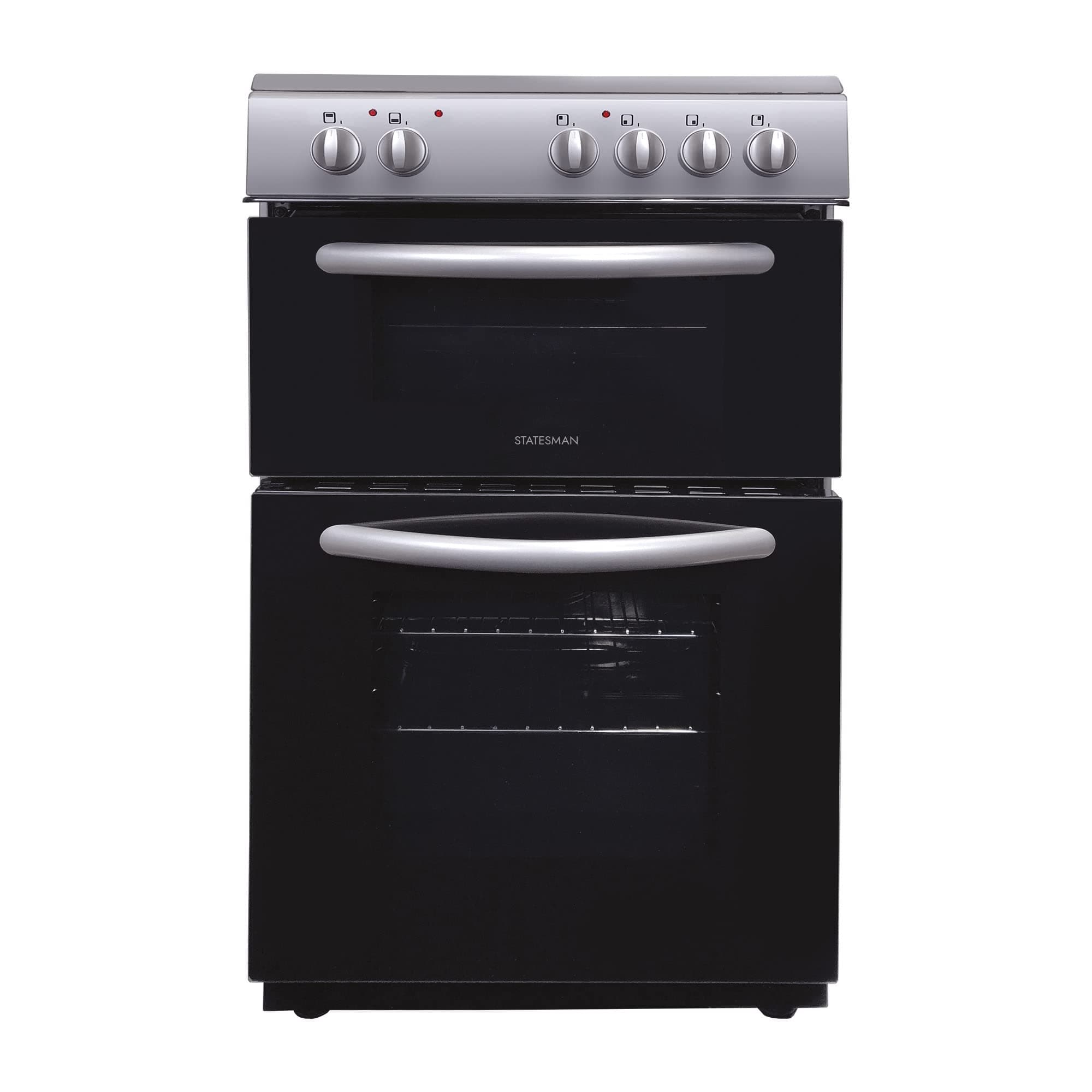 EDC50S Fan Assisted Double Oven Electric Cooker, 4 Zone Ceramic Hob, Integrated Grill, 50cm Wide, Double Glazed Door, 1 Deep Tray with Wired Chrome Grid, Silver