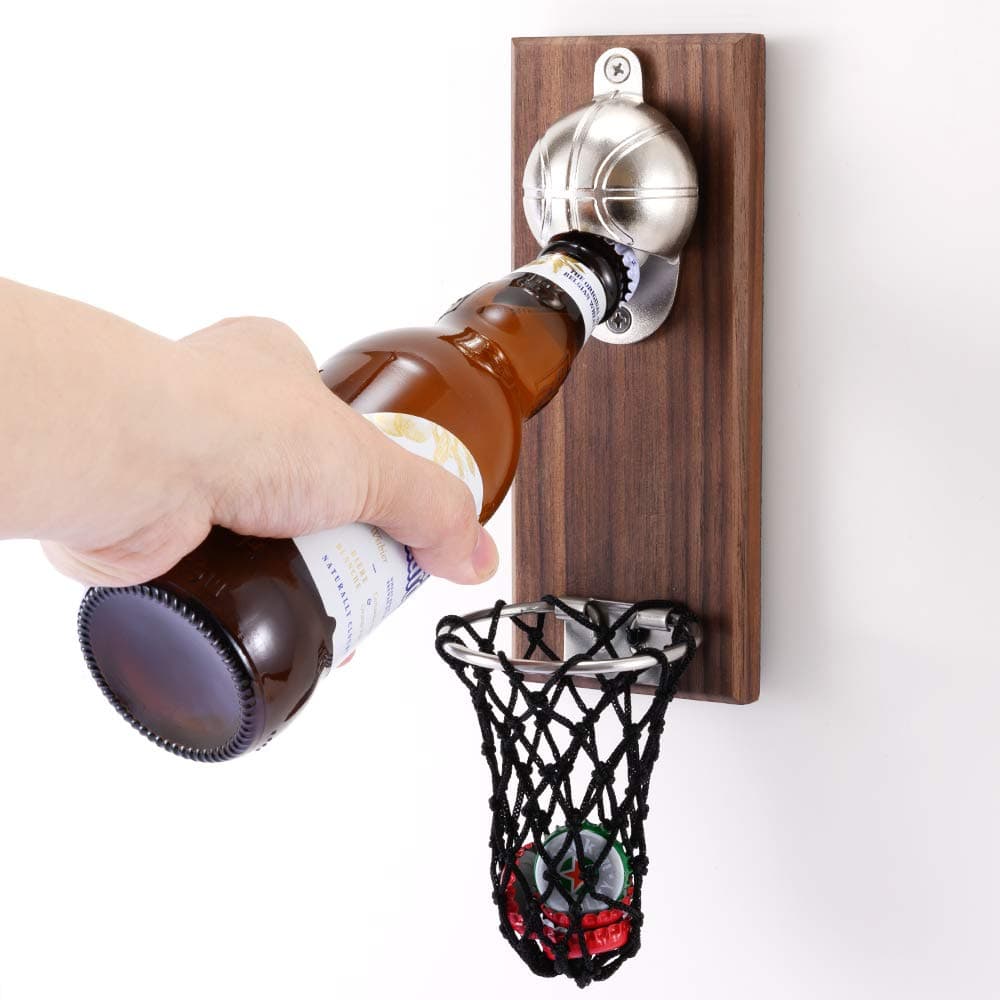 Magnetic Basketball Bottle Opener, Wooden Wall Mounted Opener with Cap Collector Catcher, Ideal Gift for Basketball and Beer Lovers, Use as Kitchen-Yard-Bar Decoration