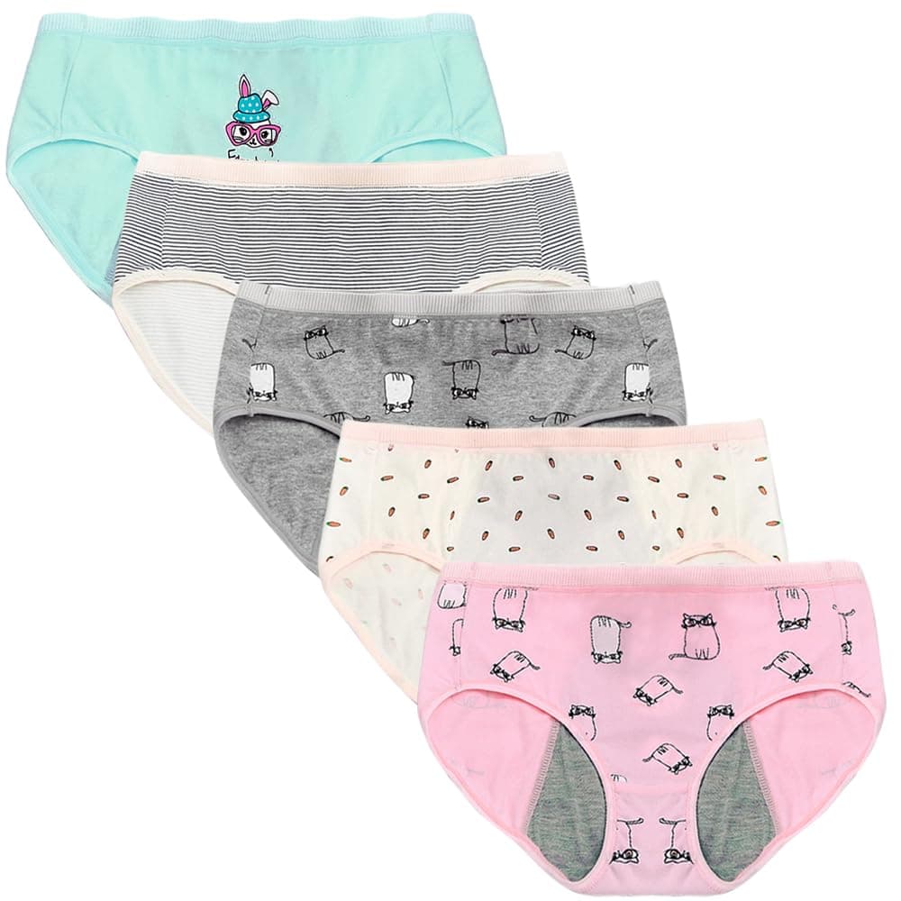 – Teen Girls Cotton Menstrual Period Panties Soft Leak-proof Knickers Underwear for 8-18 Years Pack of 5