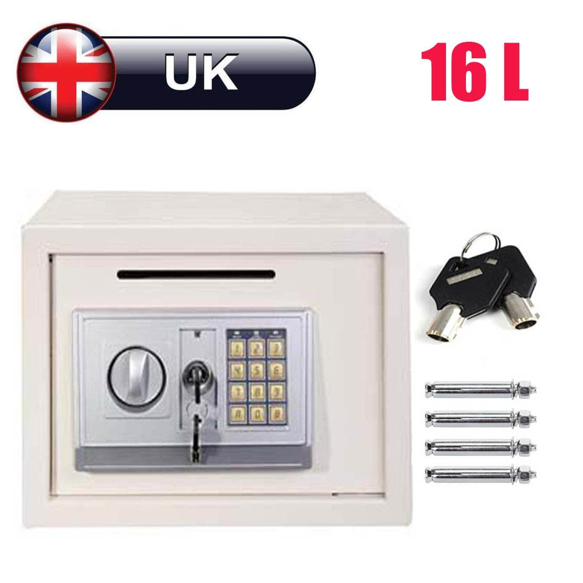 16L Digital Safe Box (White) Large Capacity Safety Electronic Security Steel Money Cash Home Office, with Full-digit Keypad & 2 Override Keys & 4 Installing Bolts Wall Floor Mounted