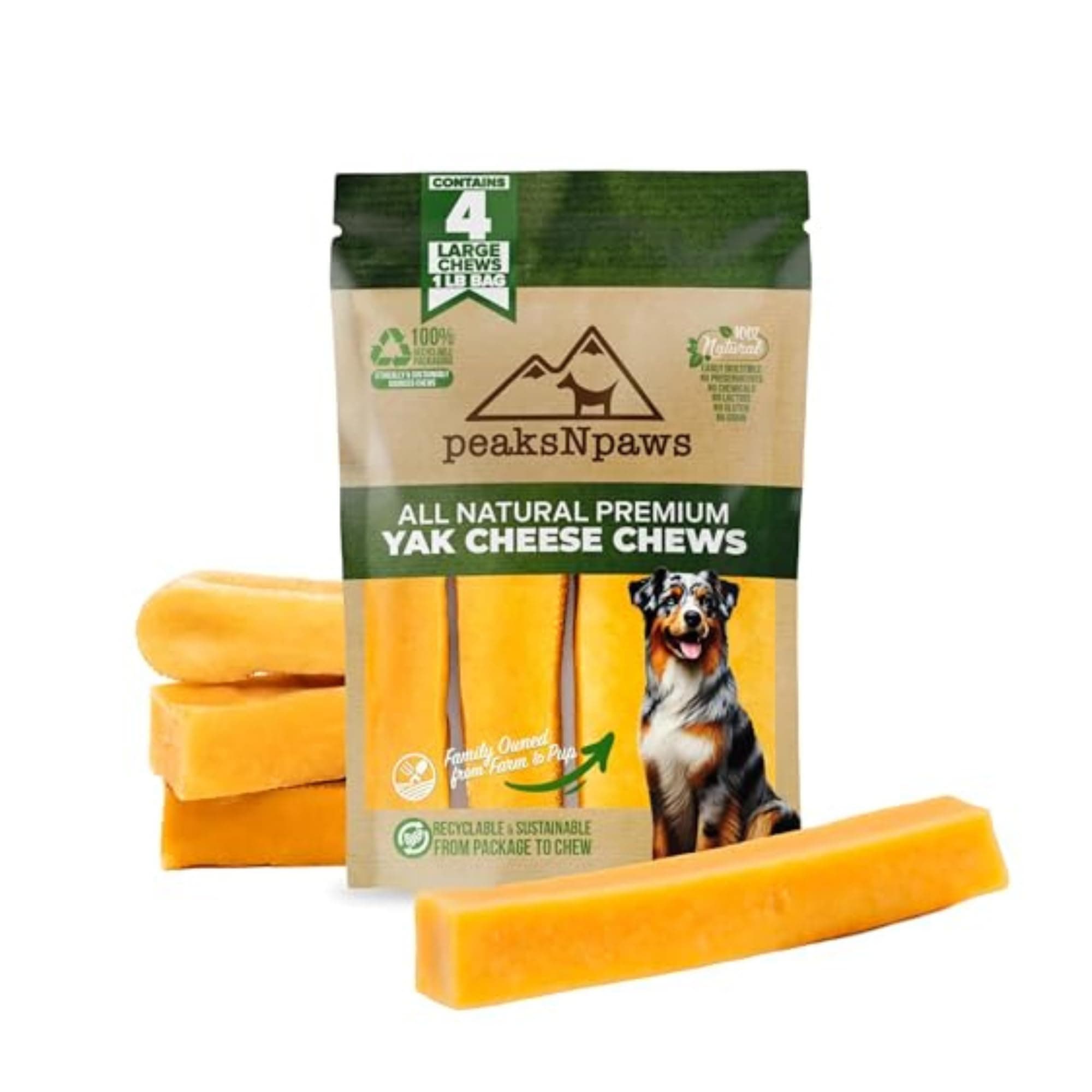 peaksNpaws Premium Yak Cheese Dog Treats - Natural Yak Chews from Himalayan Mountains - Grain Free, Lactose Free - Easily Digestible, 100% Eco-Friendly Packaging (1 Lb. Bag)