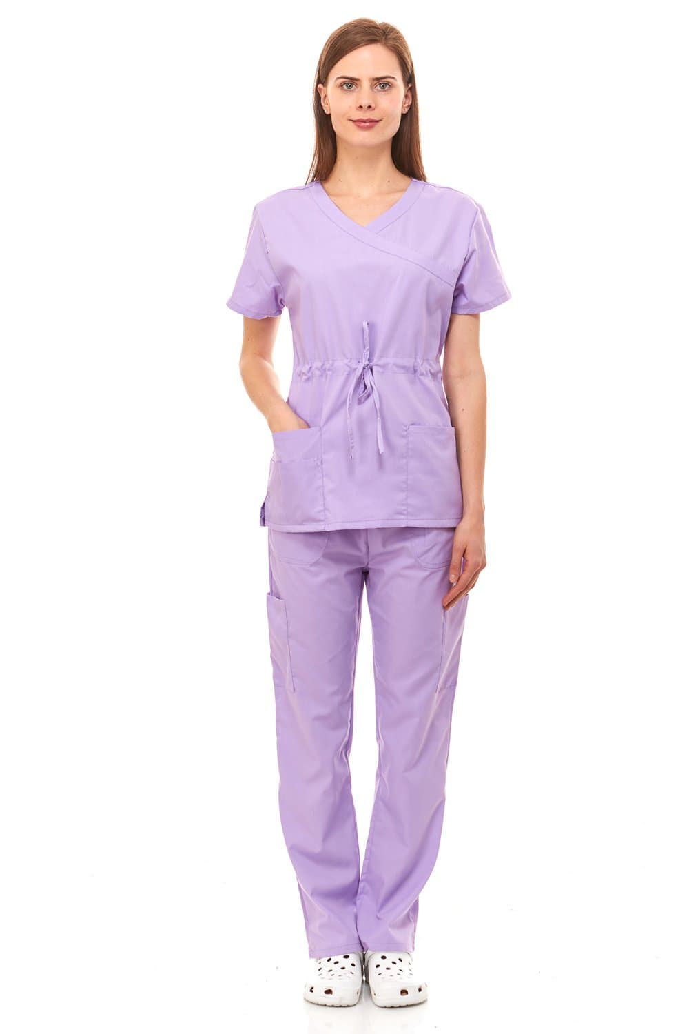 Denice Scrubs for Women Medical Nurses Uniform Mock Wrap Adjustable Front Bow 8 Pocket Set Missy Fit (10 Colors) 1108
