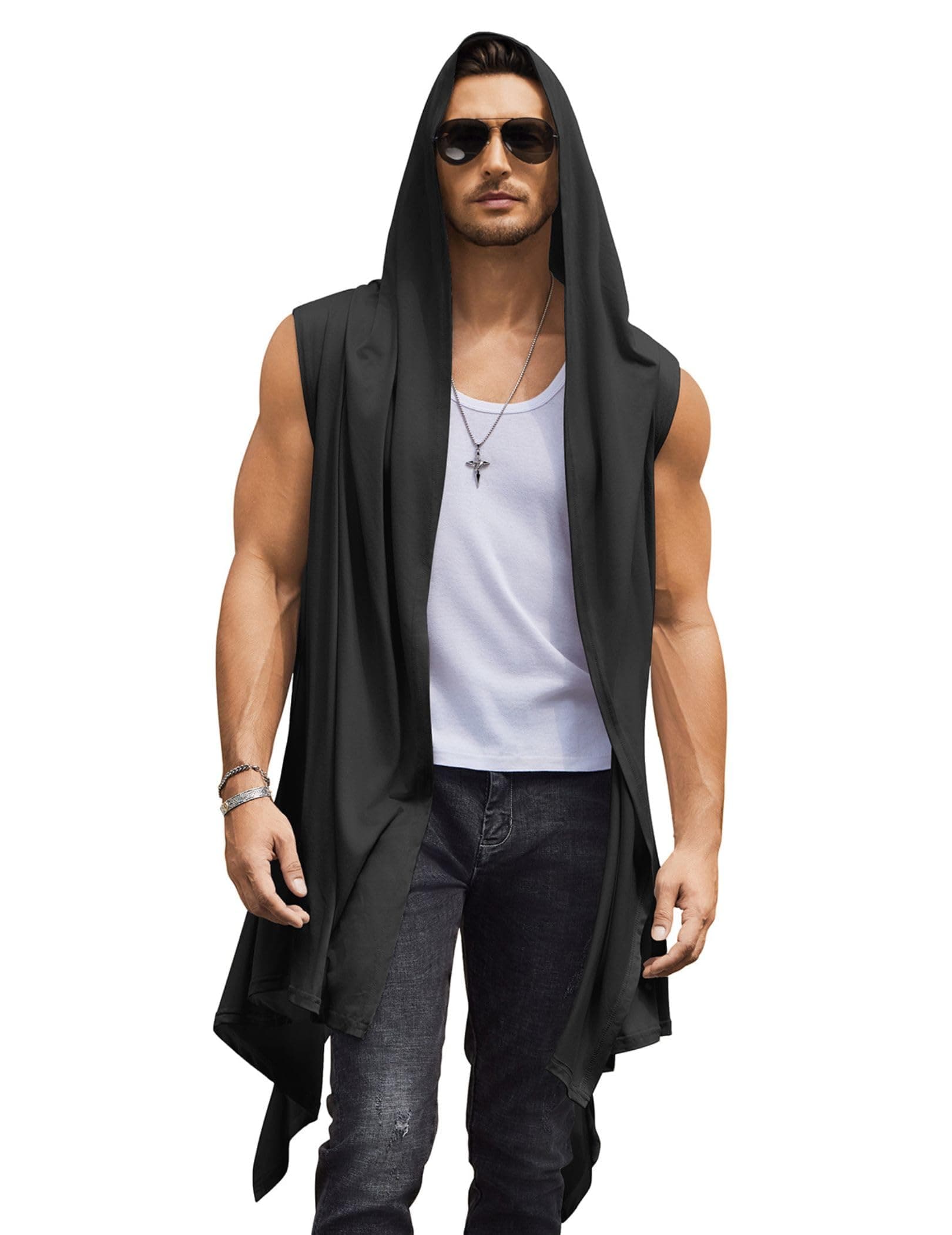 COOFANDYMen's Long Hooded Cardigan Sleeveless Ruffle Shawl Collar Lightweight Open Front Drape Kimono Vest