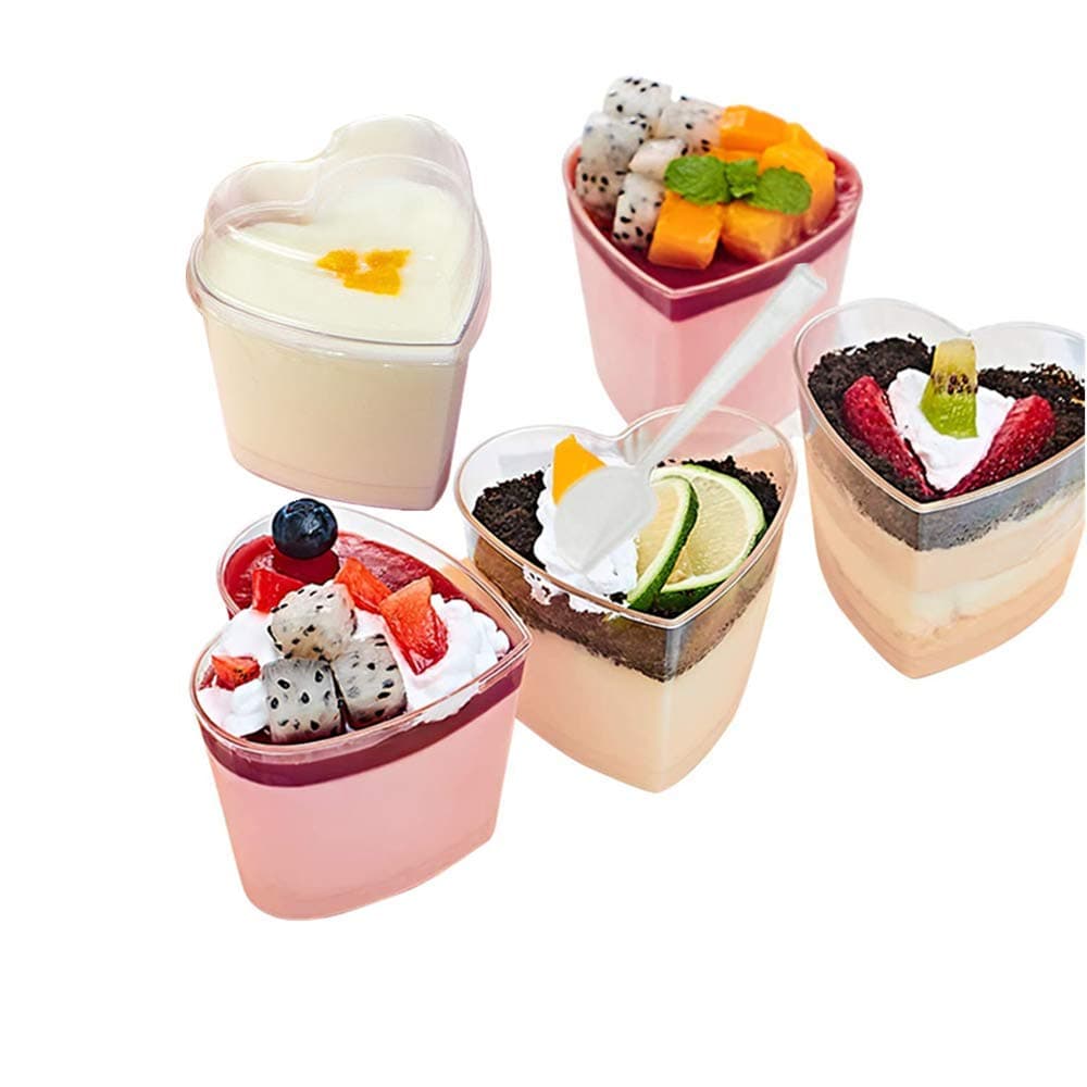4oz/140ml Mini Dessert Cups - Clear Tasting Sample Shot Glasses 25 Piece Reusable of Plastic Heart-Shaped Dessert Cups + Lid + Spoon, Suitable for Cheese, Desserts, Jelly, Mousse, Ice Cream