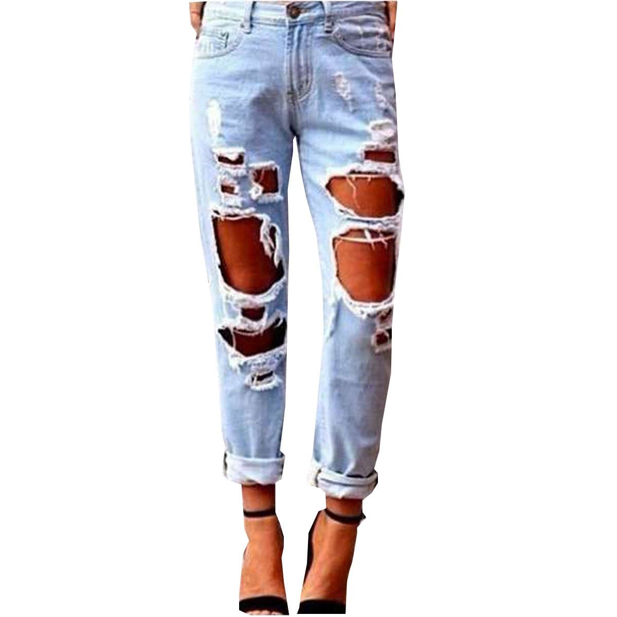 LANMWORN Women Ripped Jeans Big Hole, Boy Friend Denim Pants Distressed Faded Casual Straight Loose Fit Destroyed Style Trousers Blue …
