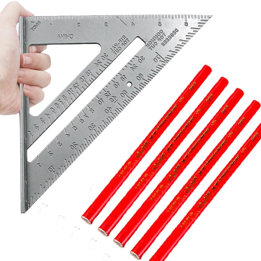 Carpenter Square, 7-inch Aluminum Square+ 5Pcs Woodworking Pen Rafter Carpenter Triangle Square Pressional Easy-Read Layout Tool framing Square (Aluminum)
