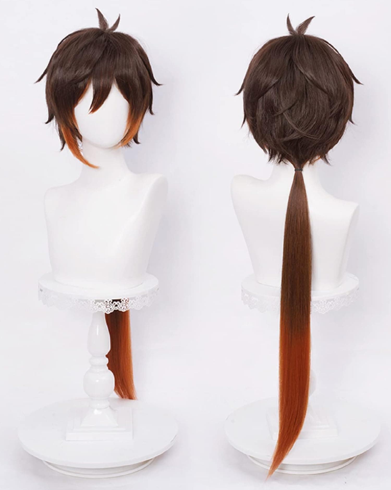 LABEAUTÉ Brown Cosplay Wig with Ponytail for Zhongli Cosplay Unisex Anime Short Fluffy Hair Wig + Cap