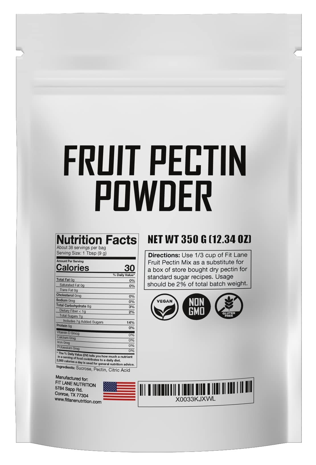 Fit Lane Nutrition Fruit Pectin Powder for Jams and Jellies. Natural, Vegan and NON-GMO. Premium Bulk Powder. 350 Grams (12.35 oz) Value Size Bag.
