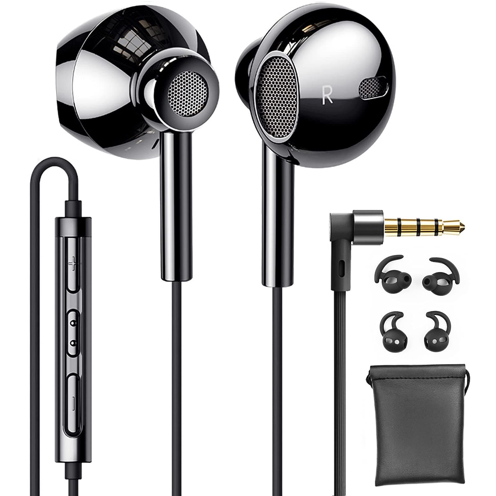 Linklike Quad Dynamic Drivers Headphones Extra Bass Hi-Res Air-flow Noise Isolating Wired Earphones with Microphone, Lightweight Earbuds with Volume Control 3.5mm Jack In-Ear Headphones(Bright Black)