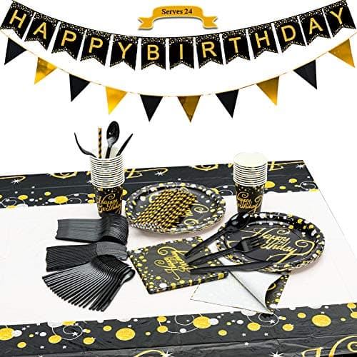 CrzPaiBlack and Gold Birthday Party Supplies, Dinnerware Plates and Napkins Sets for 24, Disposable Tableware Set with Forks Knives Spoons, Tablecover, Straws and Bunting Banner Decors for Adults Men