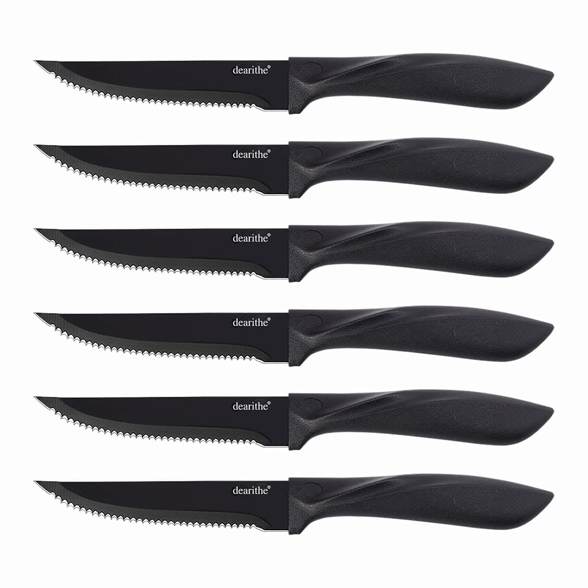 Steak knives set of 6, Black Serrated Stainless Steel Sharp Blade Flatware Steak Knife Set, 4.5 Inches,Non stick coating for Anti-rusting, for Restaurant Tableware Kitchen Camping
