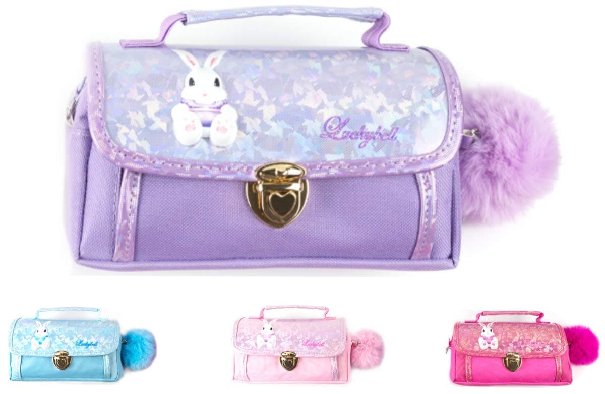 Luckybell Girls Pencil Case Multifunctional Handbag Purse Cosmetic-Makeup Stationery Organizer Pouch Shoulder Bag with Pom Pom for Kids School Ideal for Christmas Gift (Purple)