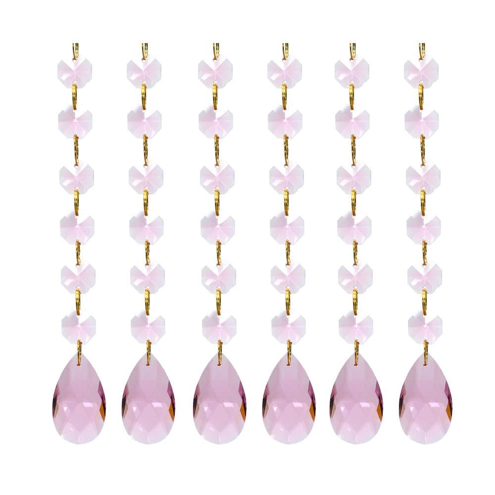 Teardrop Pendants Octagon Crystal Glass Beads Pendant for Chandelier Lamp Curtain Decor, 6-Pack (Pink)