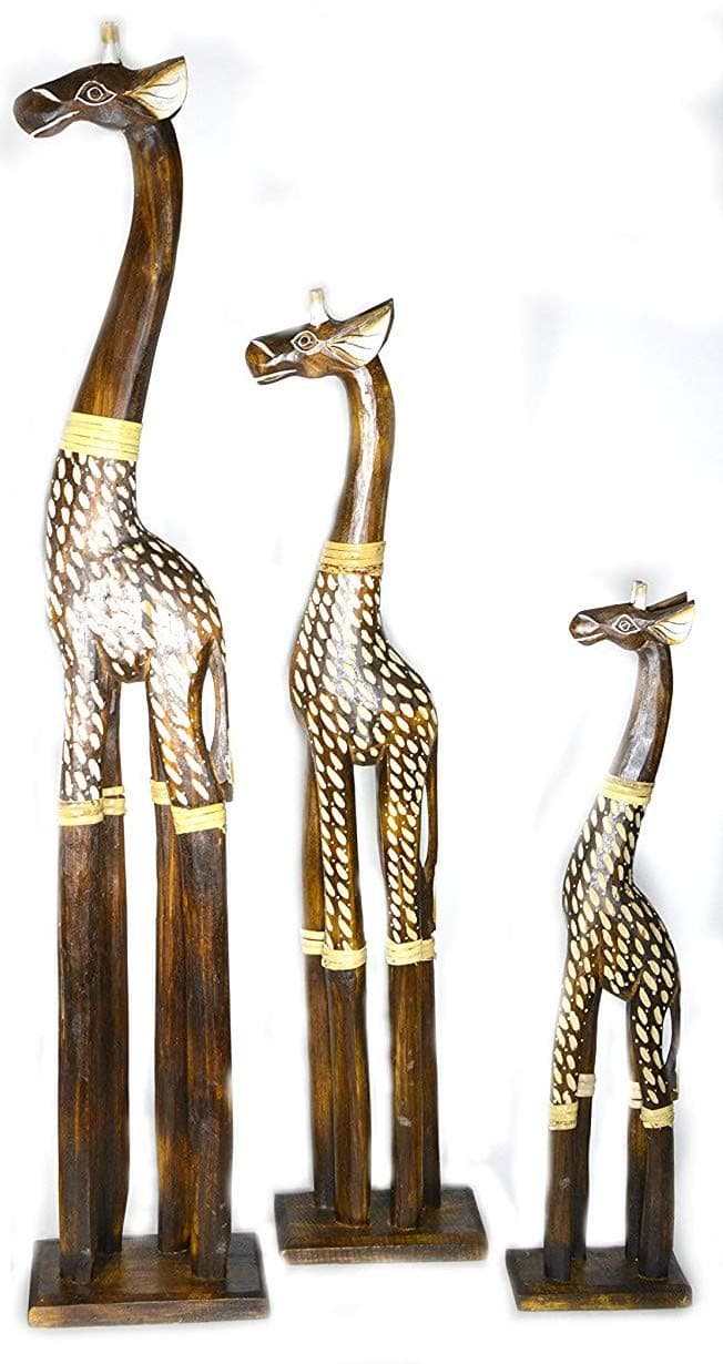 WorldBazzar Set of 3 Hand Carved Wooden Family African Baby Giraffe Statues Sculptures Light
