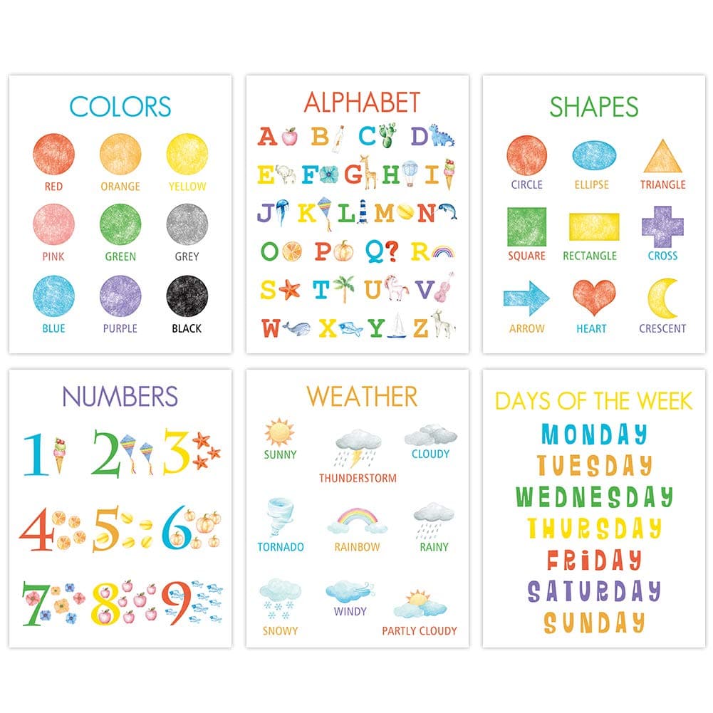 HLNIUCColorful Kid Educational Art Print, Cute Numbers, Alphabet, Weather Wall Art Poster, Set Of 6(8”X10”, Unframed), Watercolor Early Learning Canvas Painting Poster For Classroom, Nursery,